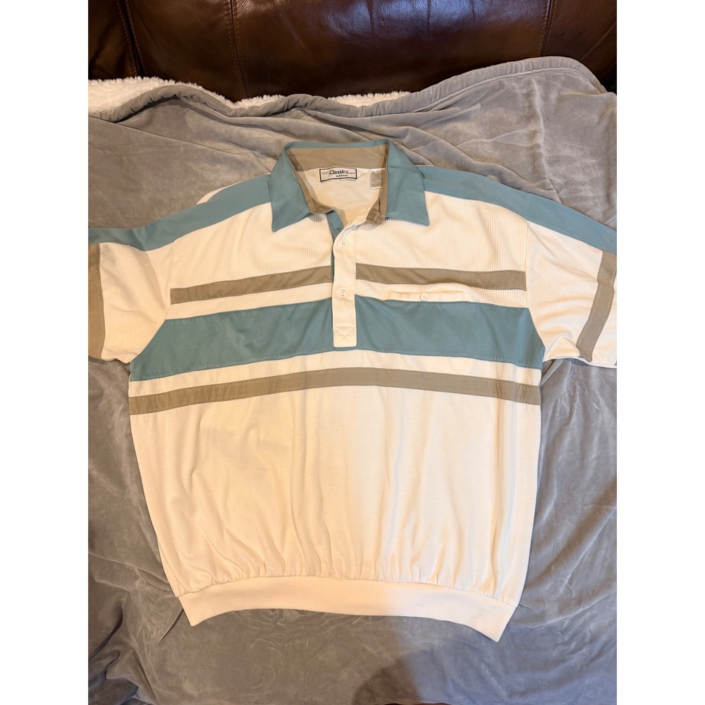 Vintage Haggar Imperial Knit Polo Shirt Mens XL Cream Blue Striped Banded Waist